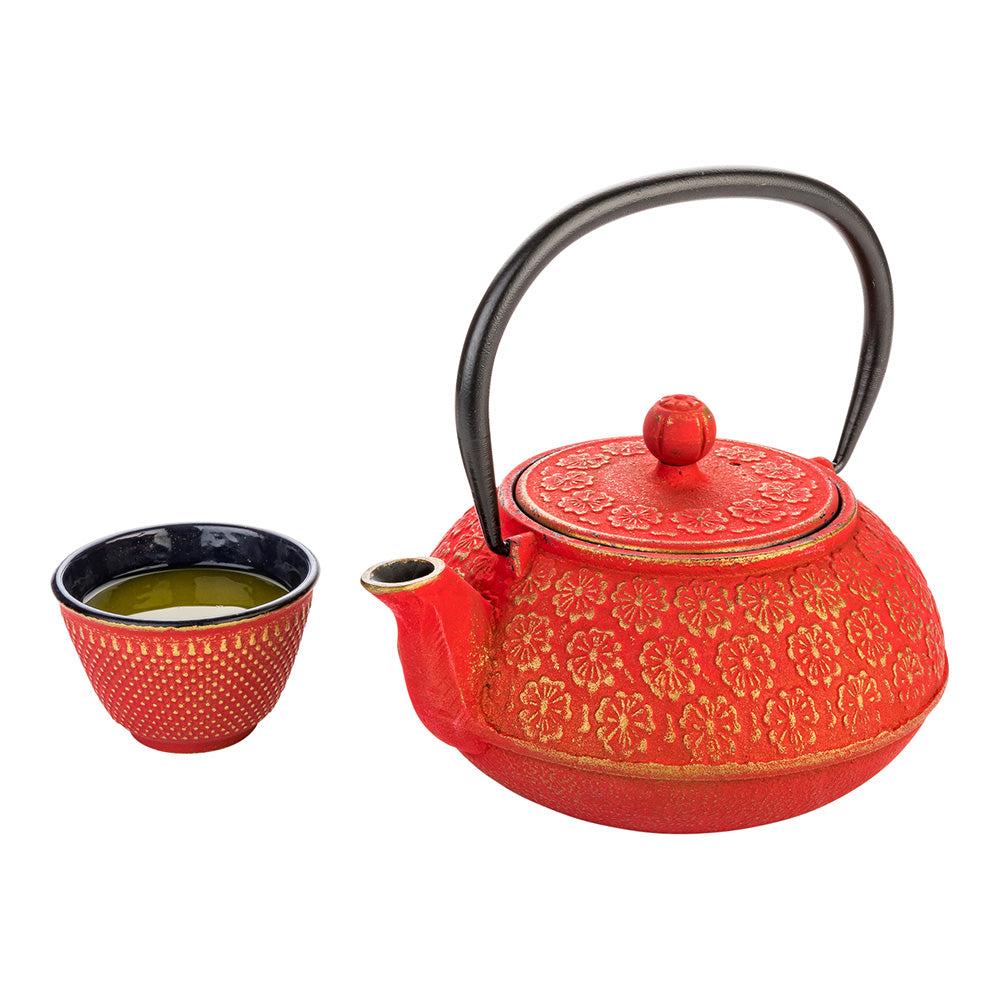 restaurantware Tetsubin 30 oz Red Cast Iron Teapot - Cherry Blossom - 7 1/2" x 6 1/2" x 4 1/2" - 1 count box