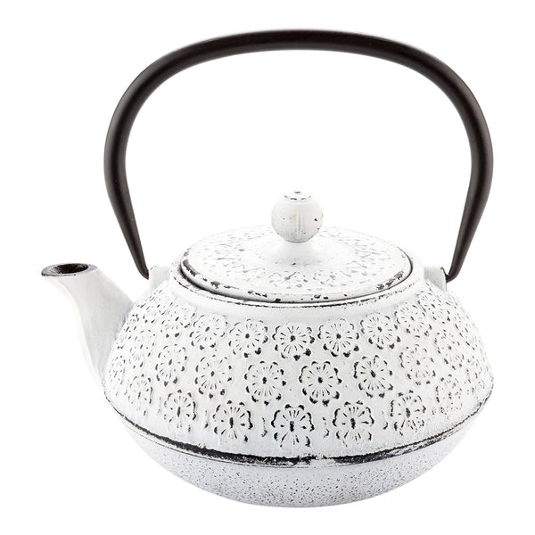 Restaurantware Tetsubin 30 Oz White Cast Iron Teapot - Cherry Blossom - 7 1/2" X 6 1/2" X 4 1/2" - 1 Count Box