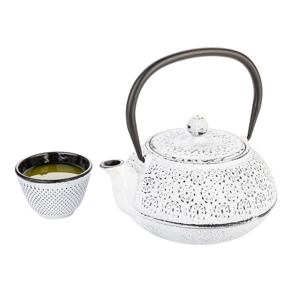 restaurantware Tetsubin 30 oz White Cast Iron Teapot - Cherry Blossom - 7 1/2" x 6 1/2" x 4 1/2" - 1 count box