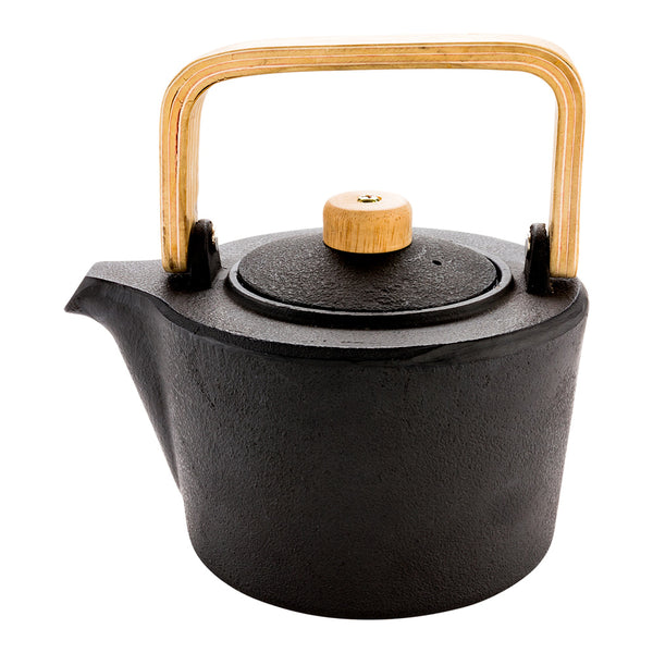 Restaurantware Tetsubin 43 Oz Black Cast Iron Osaka Teapot - Wooden Handle And Knob - 7 1/2" X 6" X 5" - 1 Count Box