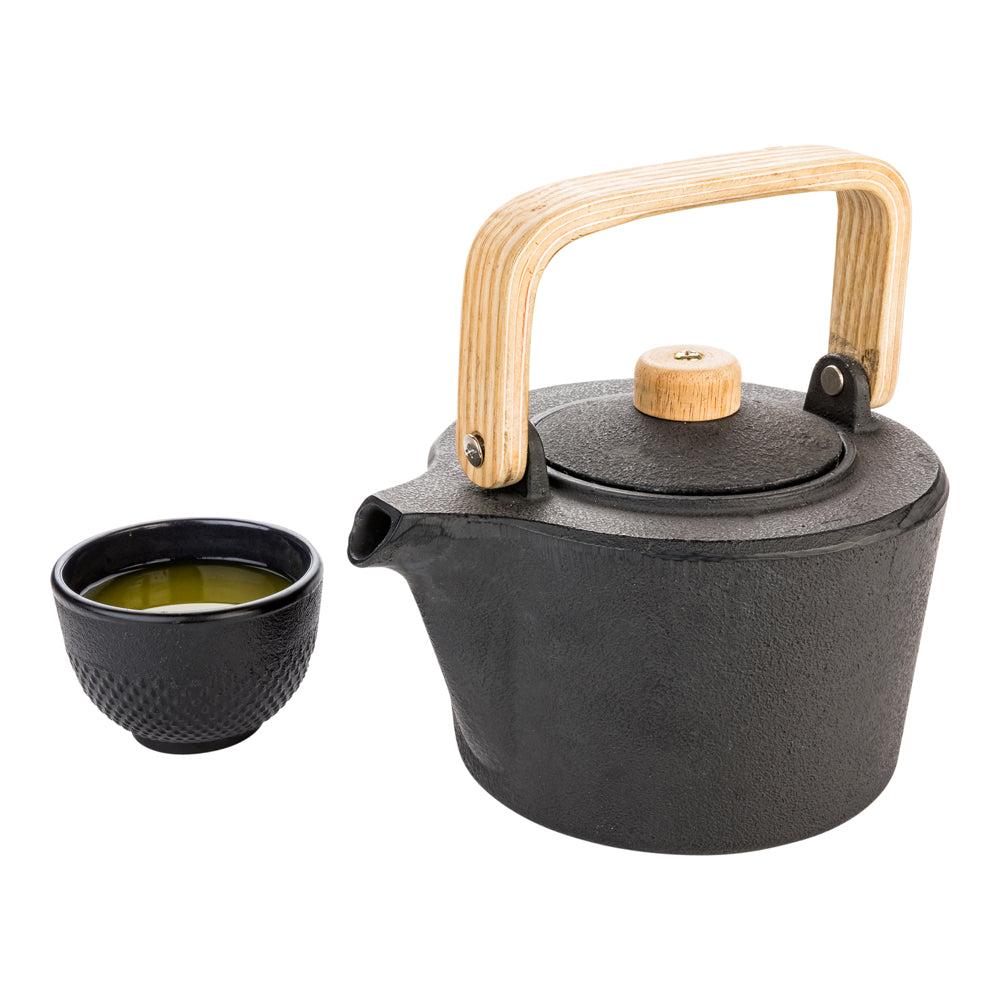 restaurantware Tetsubin 43 oz Black Cast Iron Osaka Teapot - Wooden Handle and Knob - 7 1/2" x 6" x 5" - 1 count box