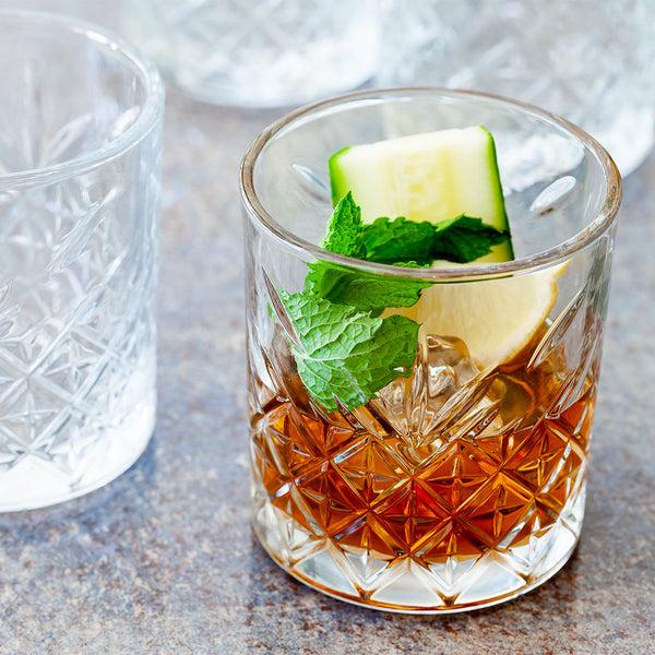 Restaurantware Timeless 12 Oz Double Old Fashioned Glass - Etched - 3 1/4" X 3 1/4" X 3 3/4" - 12 Count Box
