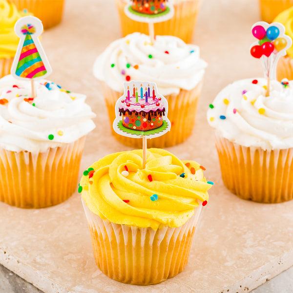 Restaurantware Top Cake Assorted Paper Birthday Cake Topper - 3 1/2" X 1 1/4" - 24 Pieces
