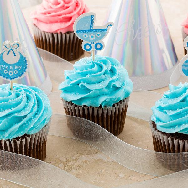 Restaurantware Top Cake Blue Paper Baby Shower Cake Topper - Boy - 3 1/2" X 1 1/2" - 24 Pieces