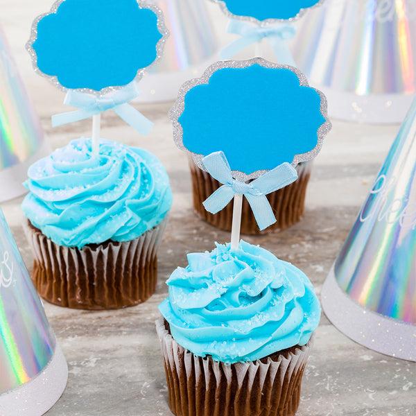Restaurantware Top Cake Blue Paper DIY Personalized Cake Topper - Bow Silver Glitter Rim - 4 1/2" X 2 1/2" - 100 Count Box