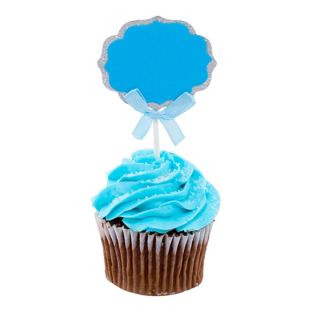 restaurantware Top Cake Blue Paper DIY Personalized Cake Topper - Bow Silver Glitter Rim - 4 1/2" x 2 1/2" - 100 count box