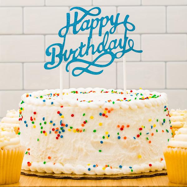 Restaurantware Top Cake Blue Paper Happy Birthday Cake Topper - Glitter - 6" X 6" - 100 Count Box