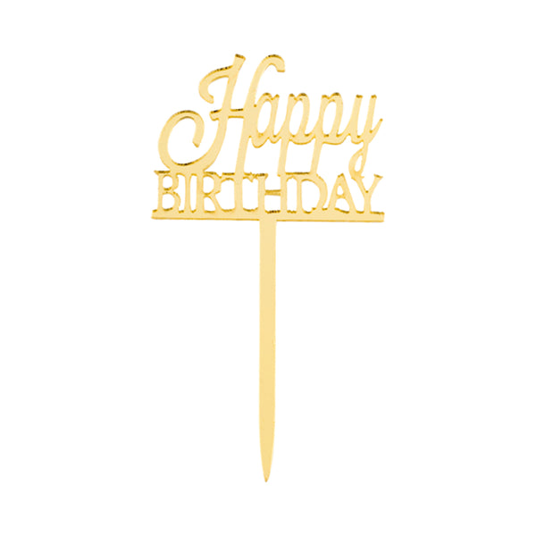 Restaurantware Top Cake Gold Acrylic Classic Happy Birthday Cake Topper - Mirrored - 3" X 1 1/2" - 100 Count Box