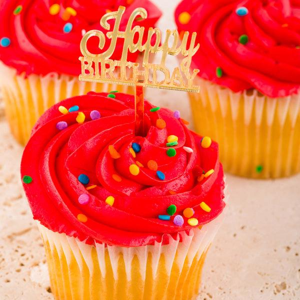 Restaurantware Top Cake Gold Acrylic Classic Happy Birthday Cake Topper - Mirrored - 3" X 1 1/2" - 100 Count Box