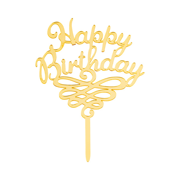 Restaurantware Top Cake Gold Acrylic Happy Birthday Cake Topper - Mirrored Swirls - 6 1/2" X 5" - 1 Count Box