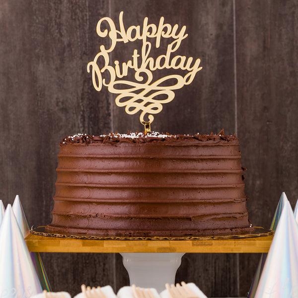 Restaurantware Top Cake Gold Acrylic Happy Birthday Cake Topper - Mirrored Swirls - 6 1/2" X 5" - 1 Count Box