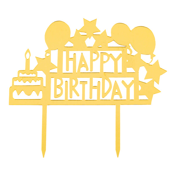 Restaurantware Top Cake Gold Acrylic Happy Birthday Cake Topper - Mirrored Celebration - 5 3/4" X 5 1/4" - 1 Count Box