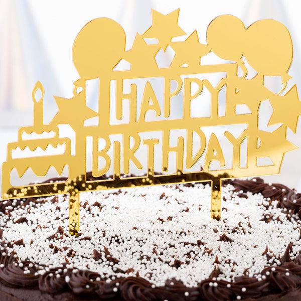 Restaurantware Top Cake Gold Acrylic Happy Birthday Cake Topper - Mirrored Celebration - 5 3/4" X 5 1/4" - 1 Count Box