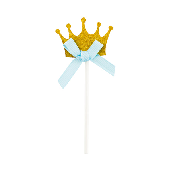 Restaurantware Top Cake Gold Paper Crown Cake Topper - Glitter Blue Bow - 3 3/4" X 1 1/2" - 100 Count Box