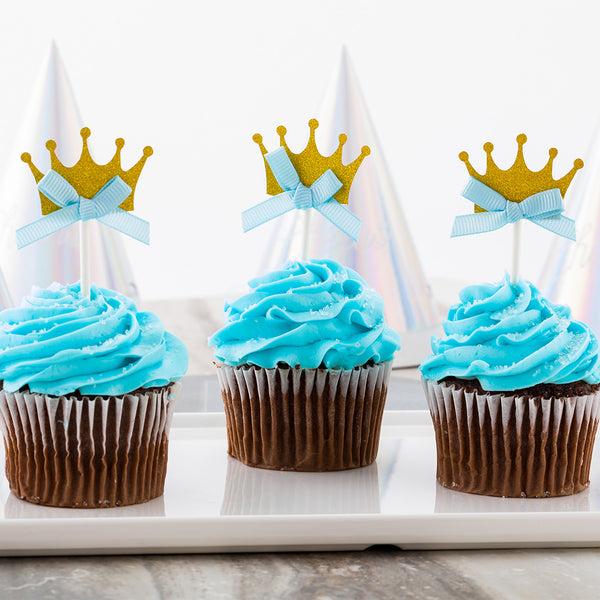 Restaurantware Top Cake Gold Paper Crown Cake Topper - Glitter Blue Bow - 3 3/4" X 1 1/2" - 100 Count Box