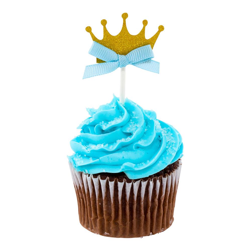 restaurantware Top Cake Gold Paper Crown Cake Topper - Glitter Blue Bow - 3 3/4" x 1 1/2" - 100 count box