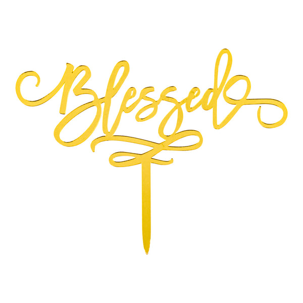 Restaurantware Top Cake Mirrored Gold Acrylic Blessed Cake Topper - 6" X 5" - 1 Count Box