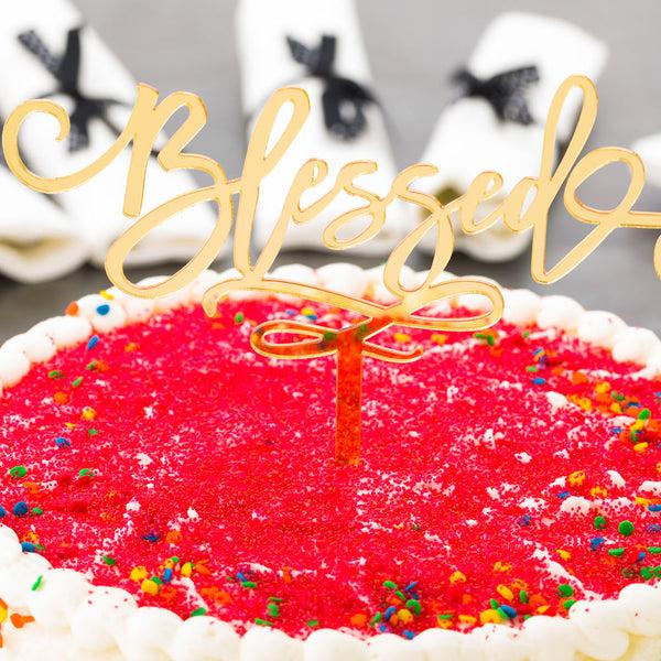 Restaurantware Top Cake Mirrored Gold Acrylic Blessed Cake Topper - 6" X 5" - 1 Count Box