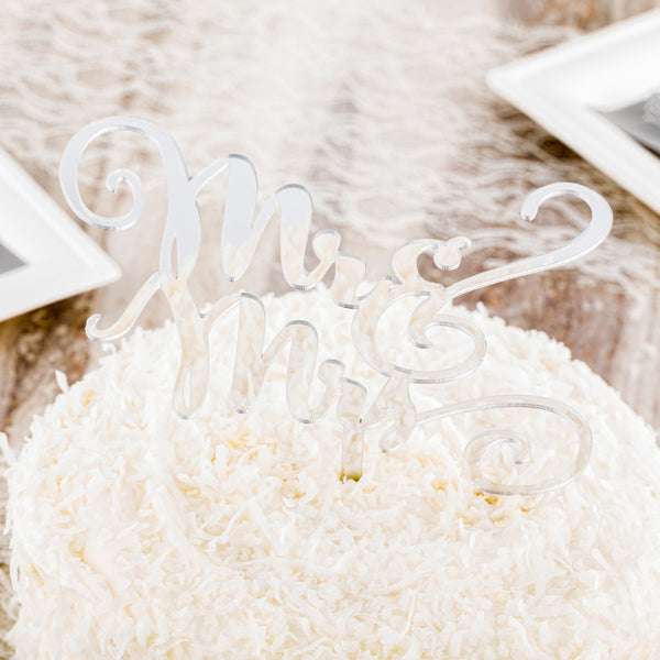 Restaurantware Top Cake Mirrored Silver Acrylic Mr And Mrs Cake Topper - 7" X 5 1/2" - 1 Count Box