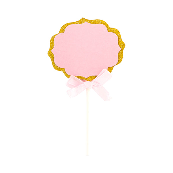 Restaurantware Top Cake Pink Paper DIY Personalized Cake Topper - Bow Gold Glitter Rim - 4 1/2" X 2 1/2" - 100 Count Box
