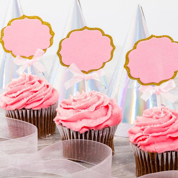 Restaurantware Top Cake Pink Paper DIY Personalized Cake Topper - Bow Gold Glitter Rim - 4 1/2" X 2 1/2" - 100 Count Box
