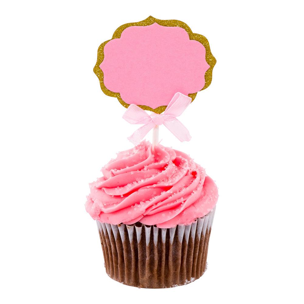 restaurantware Top Cake Pink Paper DIY Personalized Cake Topper - Bow Gold Glitter Rim - 4 1/2" x 2 1/2" - 100 count box