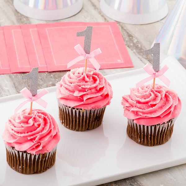 Restaurantware Top Cake Pink Paper One Cake Topper - Silver Glitter Pink Bow - 3 1/2" X 1 1/2" - 100 Count Box