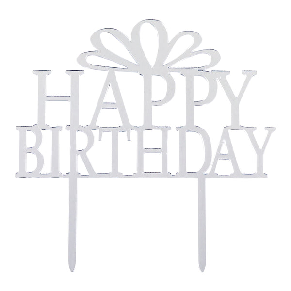 Restaurantware Top Cake Silver Acrylic Happy Birthday Cake Topper - Mirrored - 6" X 5 3/4" - 1 Count Box