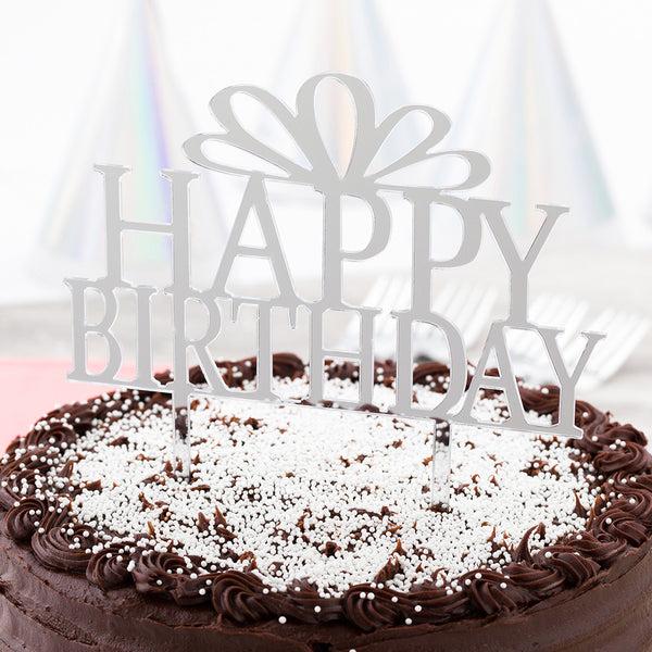 Restaurantware Top Cake Silver Acrylic Happy Birthday Cake Topper - Mirrored - 6" X 5 3/4" - 1 Count Box