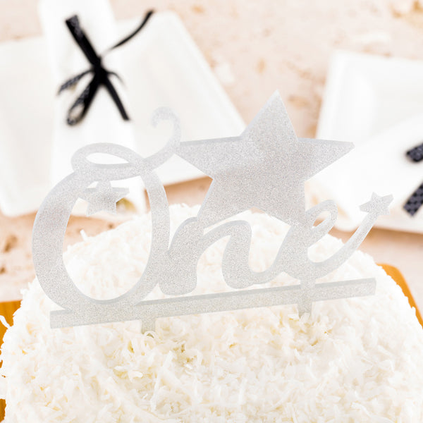 Restaurantware Top Cake Silver Acrylic One Cake Topper - Glitter Stars - 6 1/2" X 5" - 1 Count Box