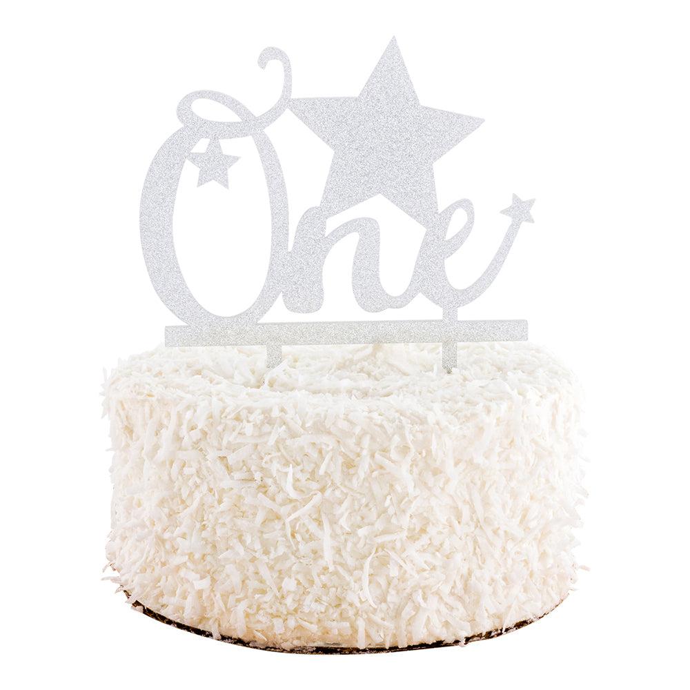 restaurantware Top Cake Silver Acrylic One Cake Topper - Glitter Stars - 6 1/2" x 5" - 1 count box