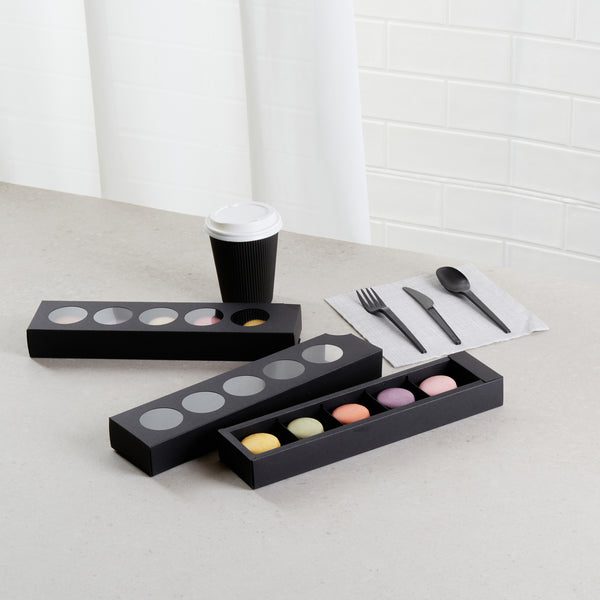 Restaurantware Valentino Rectangle Black Paper Macaron Box - Holds 5 Macarons - 12" X 3" X 1 1/2" - 100 Count Box