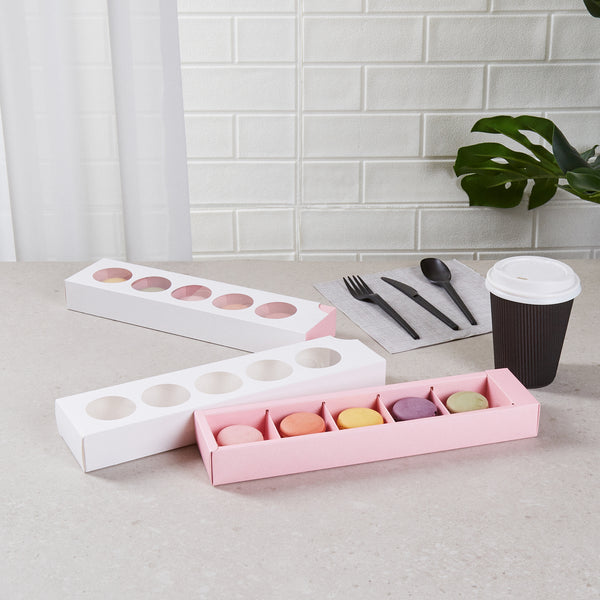Restaurantware Valentino Rectangle White And Pink Paper Macaron Box - Holds 5 Macarons - 12" X 3" X 1 1/2" - 100 Count Box