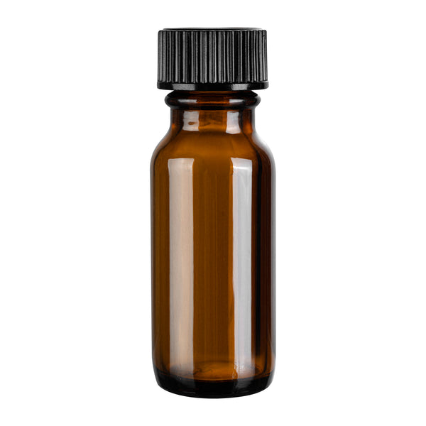 Restaurantware Vetri 0.5 Oz Boston Round Amber Glass Bottle - With Black Phenolic Cap - 1" X 1" X 2 3/4" - 48 Count Box