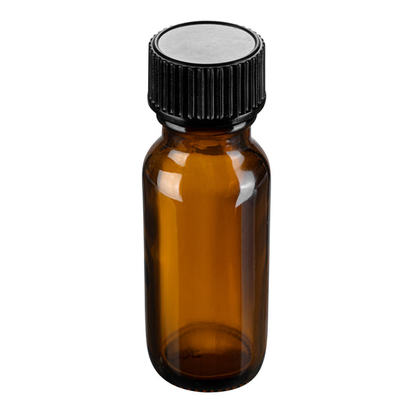 Restaurantware Vetri 0.5 Oz Boston Round Amber Glass Bottle - With Black Phenolic Cap - 1" X 1" X 2 3/4" - 48 Count Box