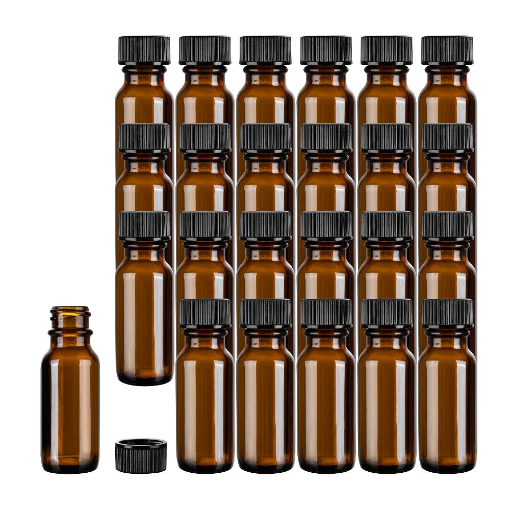 restaurantware Vetri 0.5 oz Boston Round Amber Glass Bottle - with Black Phenolic Cap - 1" x 1" x 2 3/4" - 48 count box
