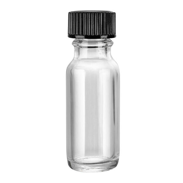 Restaurantware Vetri 0.5 Oz Boston Round Clear Glass Bottle - With Black Phenolic Cap - 1" X 1" X 2 3/4" - 48 Count Box