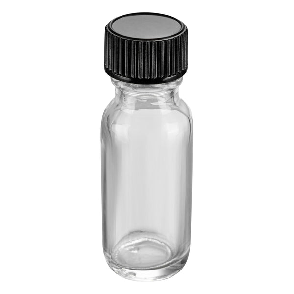 Restaurantware Vetri 0.5 Oz Boston Round Clear Glass Bottle - With Black Phenolic Cap - 1" X 1" X 2 3/4" - 48 Count Box