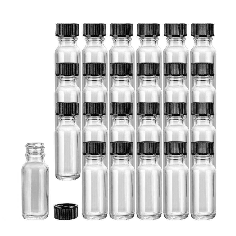 restaurantware Vetri 0.5 oz Boston Round Clear Glass Bottle - with Black Phenolic Cap - 1" x 1" x 2 3/4" - 48 count box