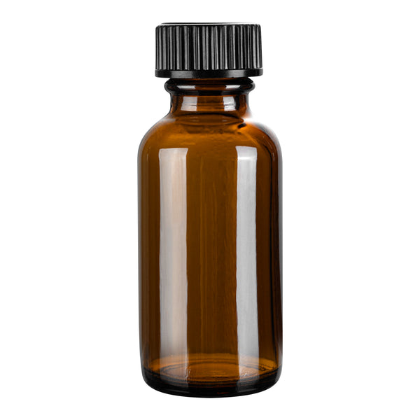 Restaurantware Vetri 1 Oz Boston Round Amber Glass Bottle - With Black Phenolic Cap - 1 1/4" X 1 1/4" X 3" - 48 Count Box