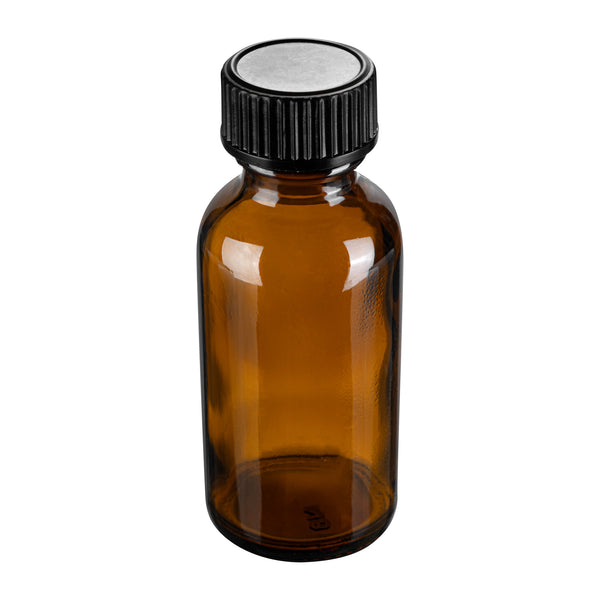 Restaurantware Vetri 1 Oz Boston Round Amber Glass Bottle - With Black Phenolic Cap - 1 1/4" X 1 1/4" X 3" - 48 Count Box