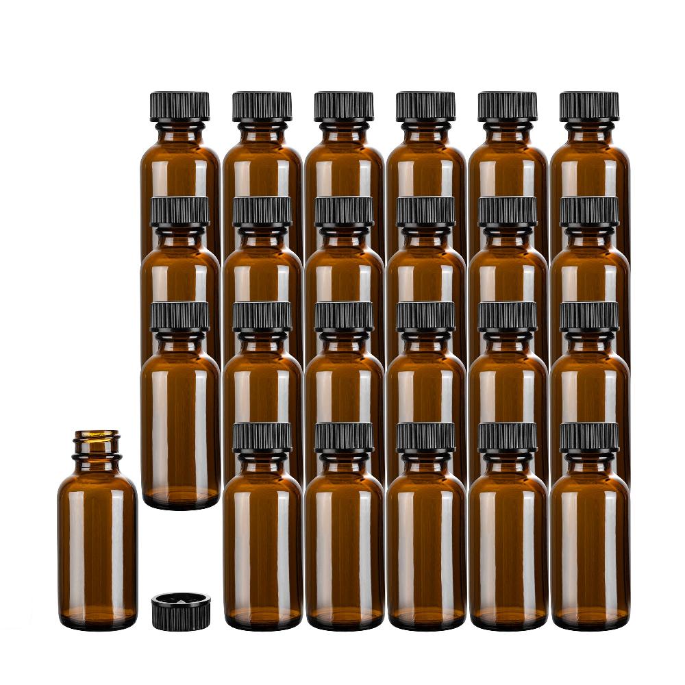 restaurantware Vetri 1 oz Boston Round Amber Glass Bottle - with Black Phenolic Cap - 1 1/4" x 1 1/4" x 3" - 48 count box