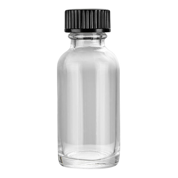 Restaurantware Vetri 1 Oz Boston Round Clear Glass Bottle - With Black Phenolic Cap - 1 1/4" X 1 1/4" X 3" - 48 Count Box