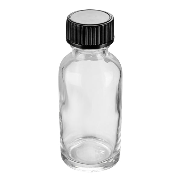 Restaurantware Vetri 1 Oz Boston Round Clear Glass Bottle - With Black Phenolic Cap - 1 1/4" X 1 1/4" X 3" - 48 Count Box
