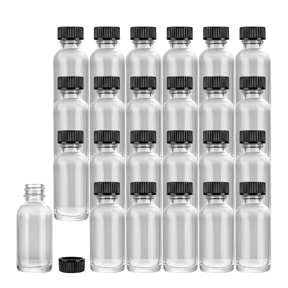 restaurantware Vetri 1 oz Boston Round Clear Glass Bottle - with Black Phenolic Cap - 1 1/4" x 1 1/4" x 3" - 48 count box