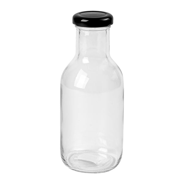 Restaurantware Vetri 12 Oz Clear Glass Stout Bottle - With Black Metal Lid - 2 1/2" X 2 1/2" X 6 1/2" - 100 Count Box
