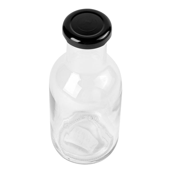 Restaurantware Vetri 12 Oz Clear Glass Stout Bottle - With Black Metal Lid - 2 1/2" X 2 1/2" X 6 1/2" - 100 Count Box