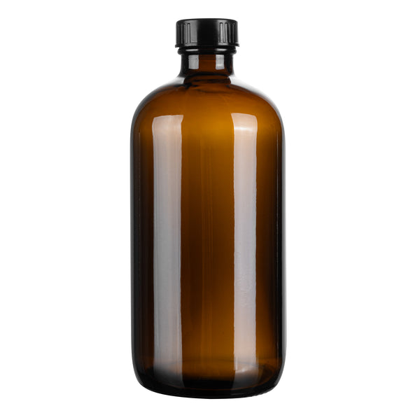 Restaurantware Vetri 16 Oz Boston Round Amber Glass Bottle - With Black Phenolic Cap - 3" X 3" X 6 3/4" - 12 Count Box