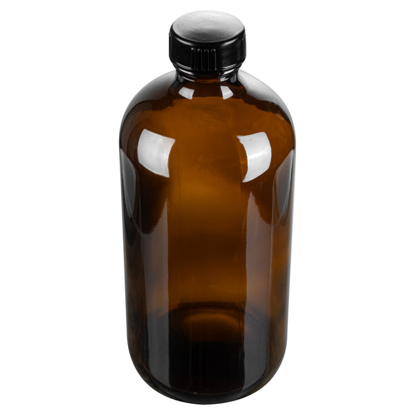 Restaurantware Vetri 16 Oz Boston Round Amber Glass Bottle - With Black Phenolic Cap - 3" X 3" X 6 3/4" - 12 Count Box