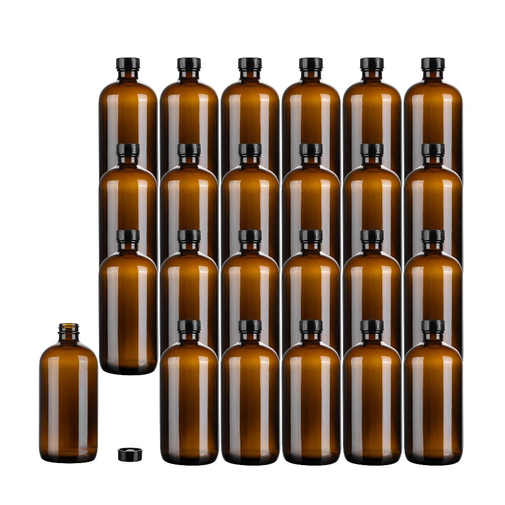 restaurantware Vetri 16 oz Boston Round Amber Glass Bottle - with Black Phenolic Cap - 3" x 3" x 6 3/4" - 12 count box
